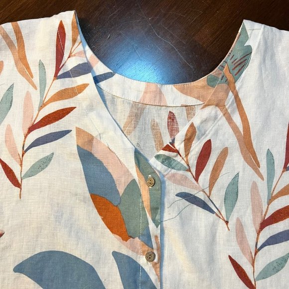 Cynthia Rowley Medium 100% Linen Botanical Leaf Feather Shirt Button Back Boho‎ - Picture 3 of 7
